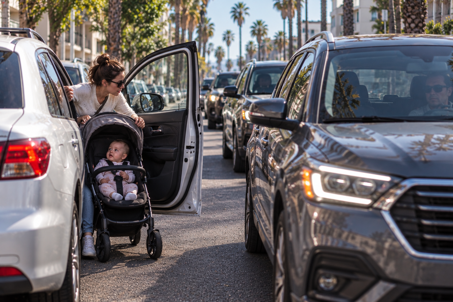 Illustration of a parent unloading a stroller in traffic