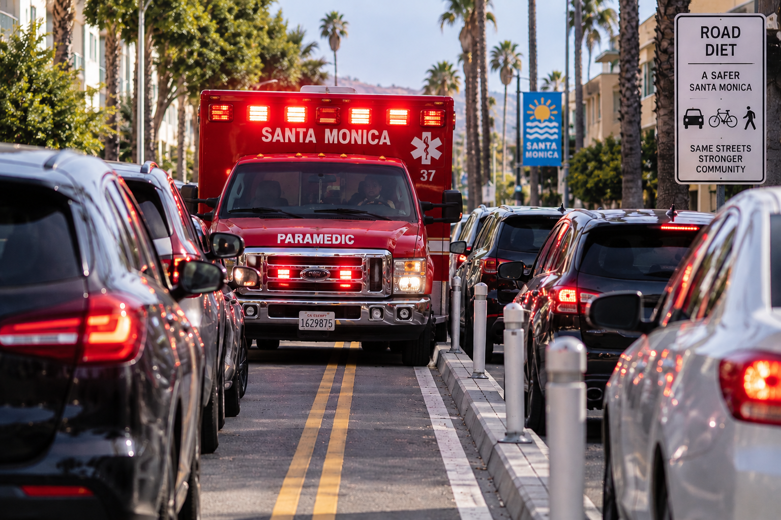 Illustration of an ambulance stuck in gridlock