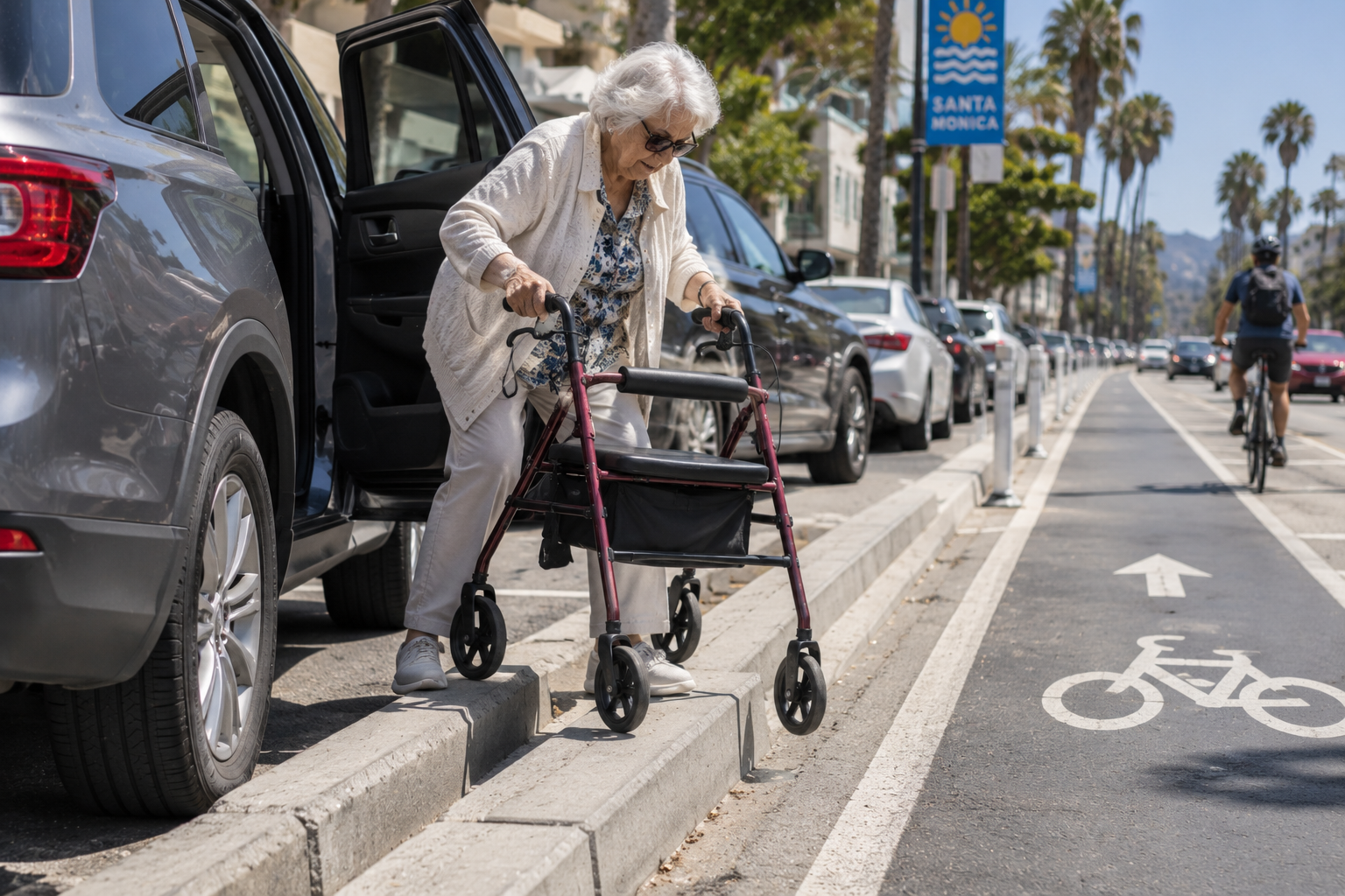 Illustration of a senior with a walker navigating a curb