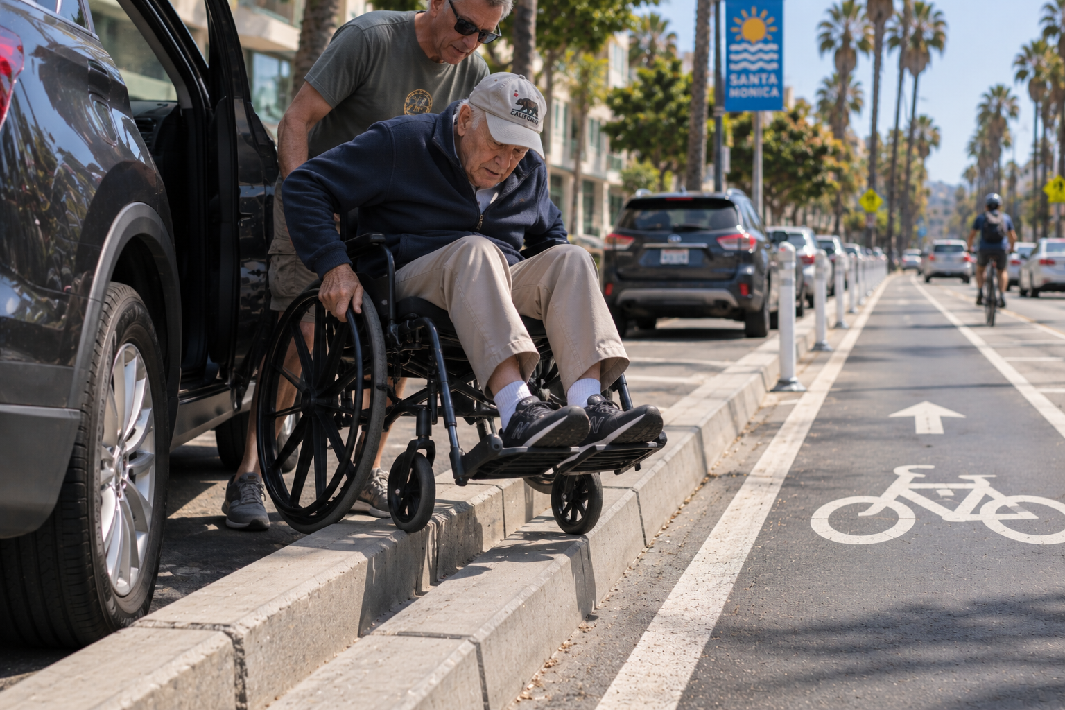 Illustration of a wheelchair user navigating a curb
